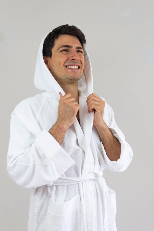 Accappatoio Spugna Puro Cotone con Cappuccio Tasche Bianco Morbido Assorbente